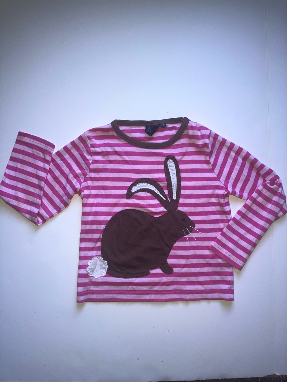 Girls Mini Boden pink striped bunny rabbit long sleeve tee t-shirt 5 6 5T 6T